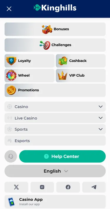 KingHills Casino mobile menu and navigation